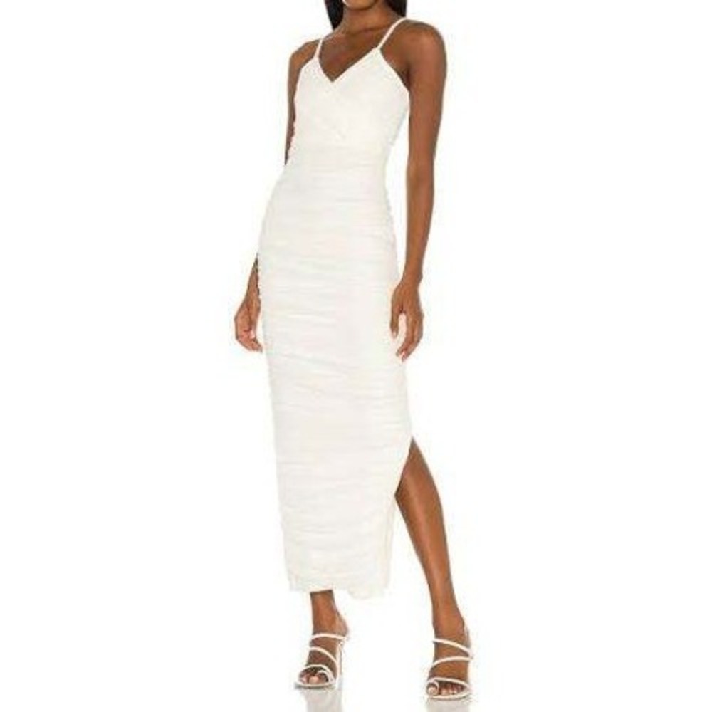 Elliatt Revolve Pippa White Ruched Midi Dress V-Neck Side Slit Womens Medium
